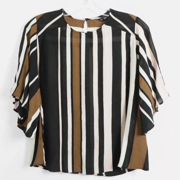 Zara Striped Short Sleeve Chiffon Blouse W/Flutter Sleeve (Brown Vertical Strip) - Picture 1 of 6